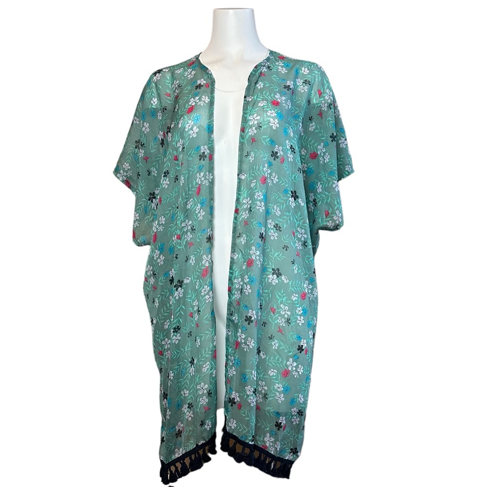 NWT SERRA Scarf Wrap Green Floral Print Sheer Cardigan One Size